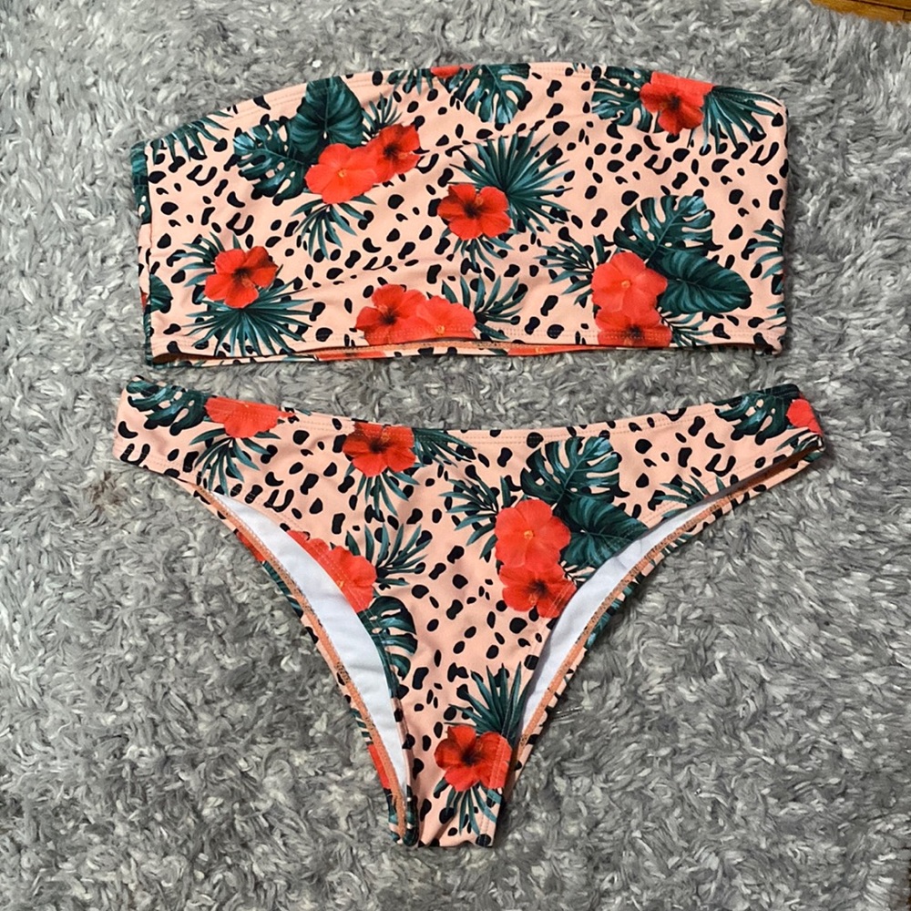 Shein XL Floral & Cheetah Print Bandeau Bikini Swimwear Set